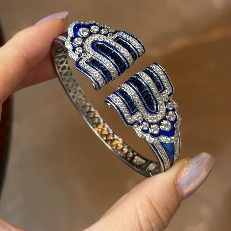 Bellux high-end jewelry lab grown sapphire bracelet 925 silver gold-plated wave blue enamel design vintage open bangle