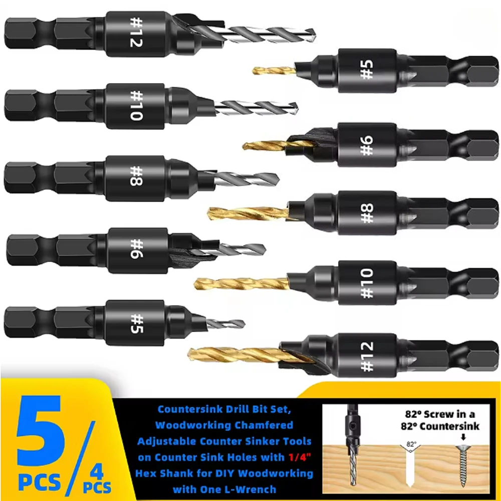 

Набор сверл с зенковкой, 4/5 шт., с шестигранным хвостовиком 1/4 дюйма для сверления отверстий для деревообработки своими руками с L-образным ключом # 5 # 6 # 8 # 10 # 12-резак