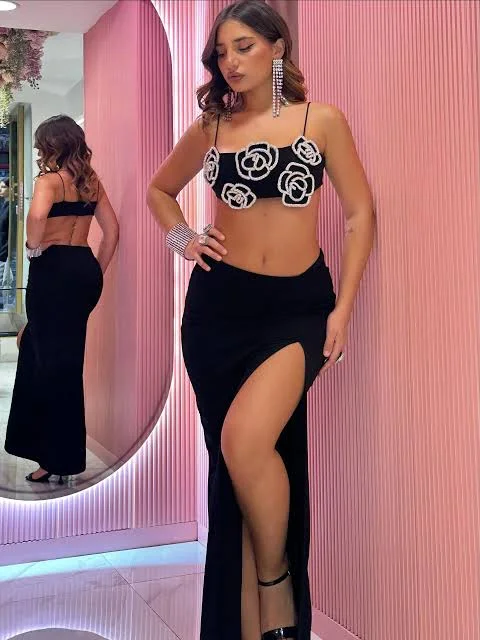 

Summer Black Two Piece Set Floral Embroidered Suspender Top & High-Slit Maxi Skirt Woman Women's High Street Suit