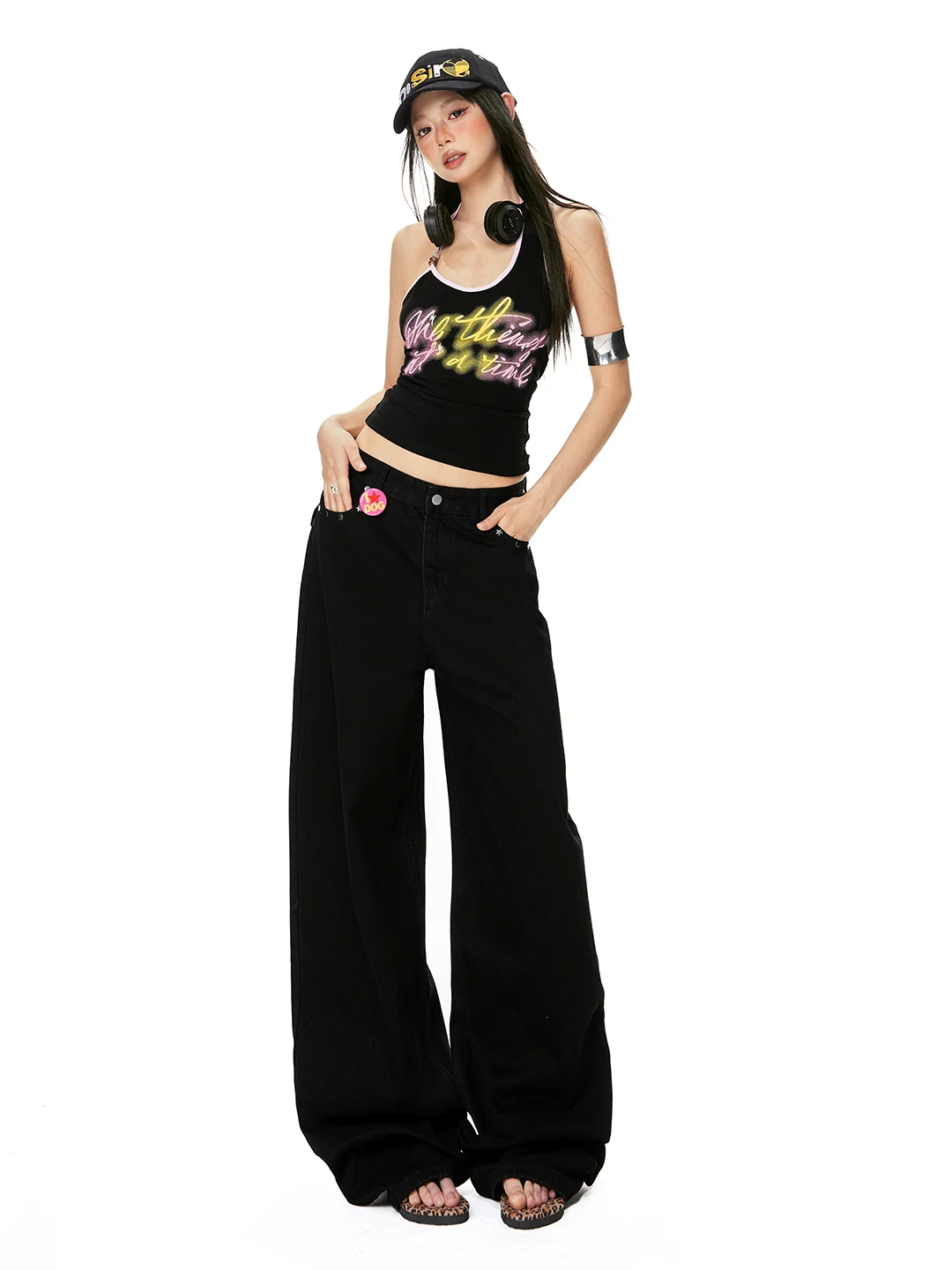 MGJM American Retro Rivet Design Straight Leg Loose High Waist Wide Leg Jeans Casual Versatile mid Waist Zipper Closure