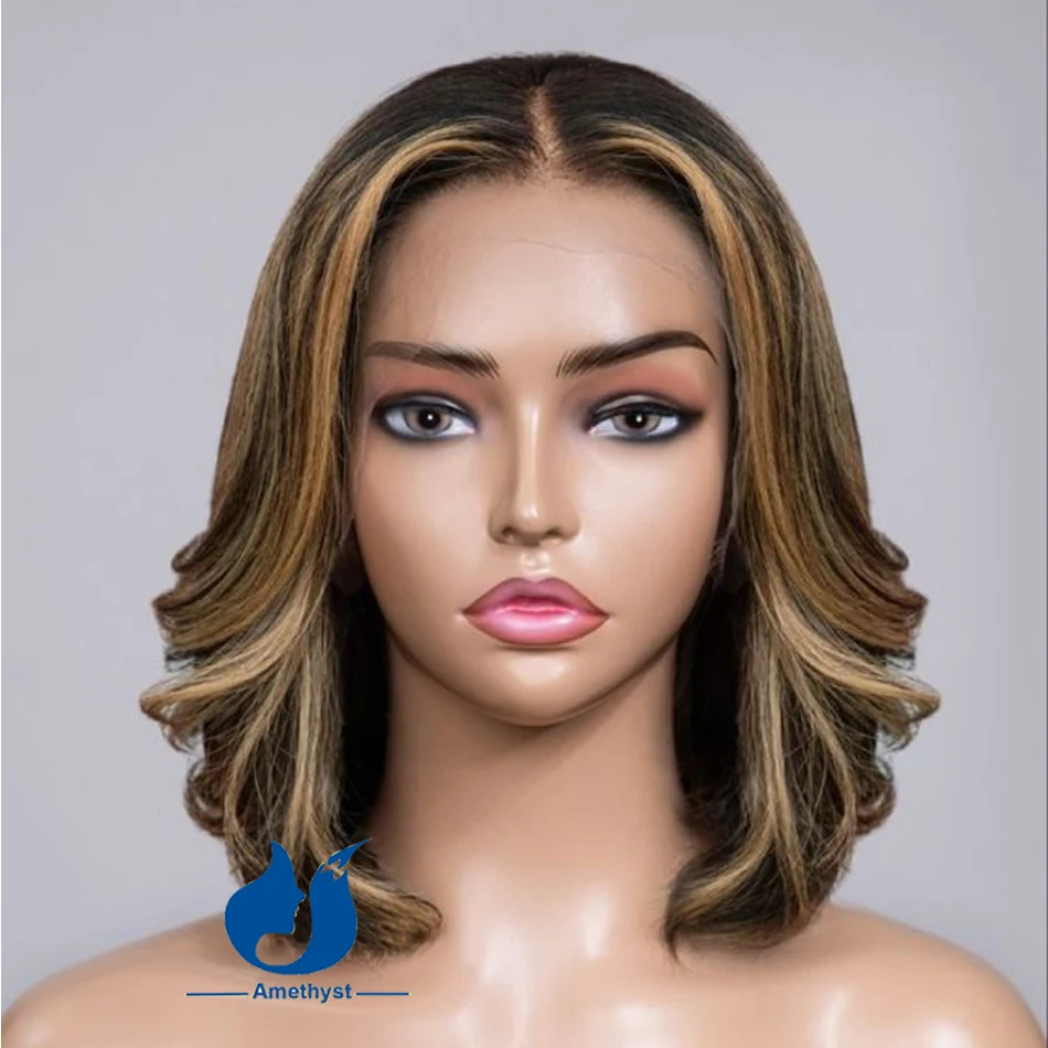 Amethyst Brazilian Highlight Blonde Layered 5.5x4.5 PU Silk Base Lace Closure Bob Wigs Human Hair For Women Wavy Pre Plucked