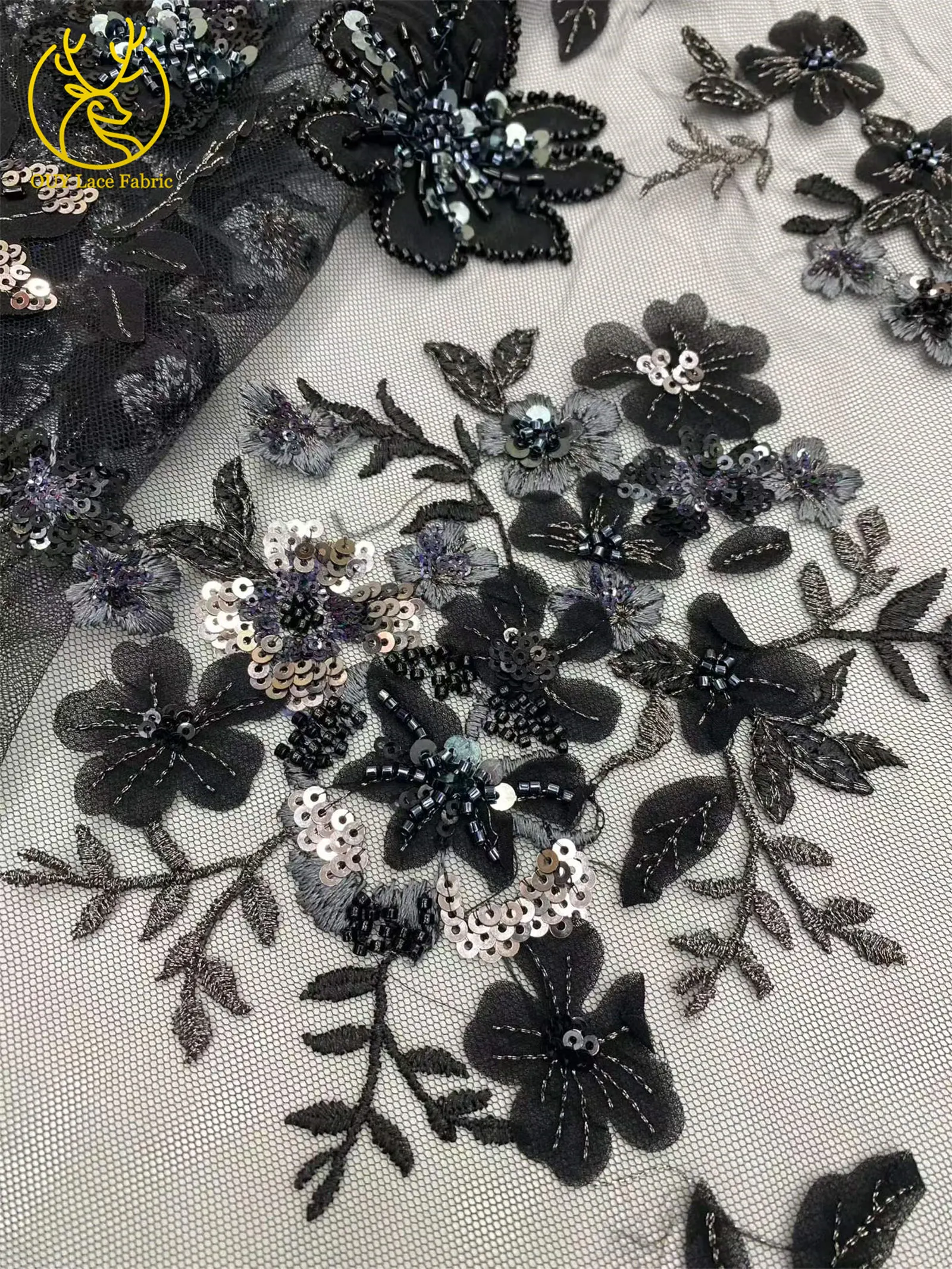 Eleganter Spitzenstoff mit Blumenstickerei und Pailletten, französischer Tüll mit Perlen, afrikanischer Spitzenstoff, nigerianische Spitze für Party- und Ballkleider – Detail 20