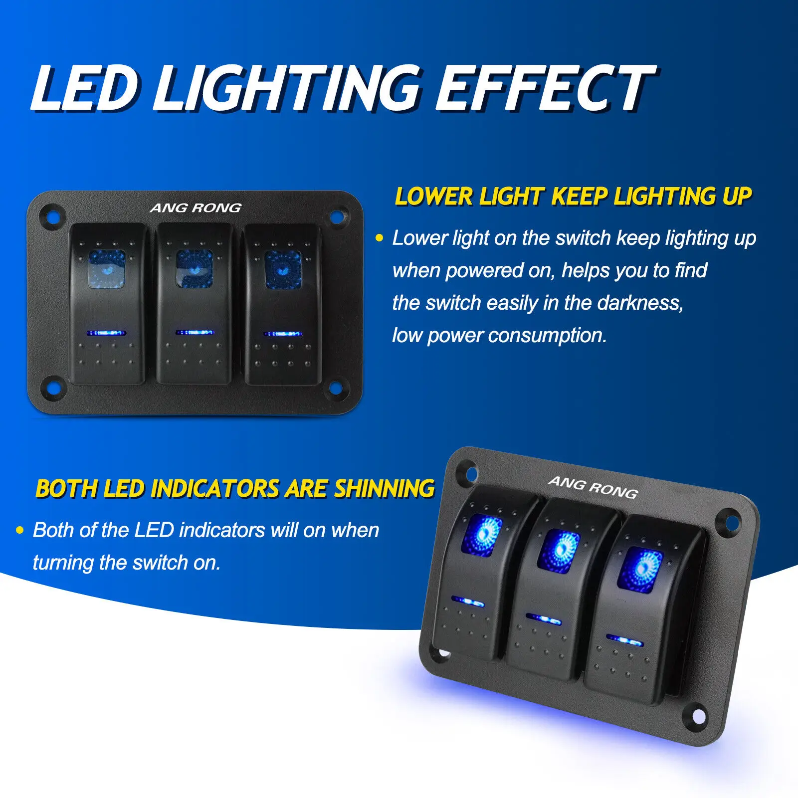 

12/24V 3 Gang Toggle Rocker Switch Panel Blue LED Light Campervan Boat Marine RV
