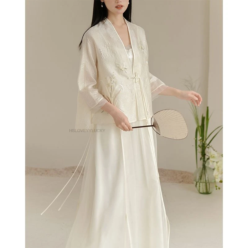 Summer New Gentle And Elegant Zen Style Vintage New Chinese Modified Frog Button high-end National Style Daily Hanfu Set
