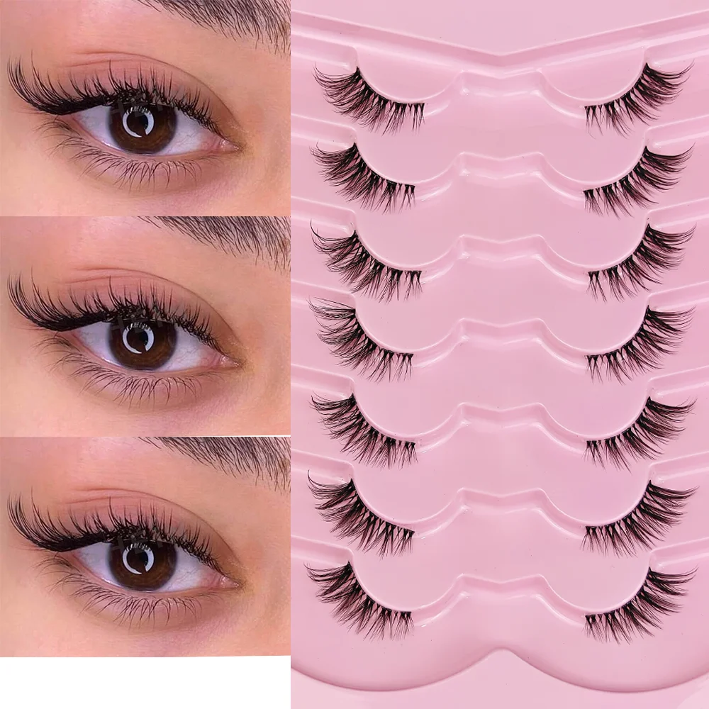 7 Pairs Half Lashes With Clear Band Cat Eye Tail Elongated Eyelashes Natural Look Wispy Faux Mink Lashes Fluffy Soft False Eyela
