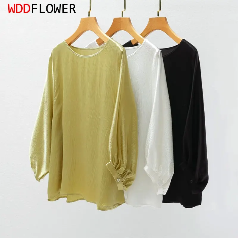 Women Silk Blouse 100% Mulberry Silk 19 Momme Solid Black White Green Loose Type Lantern Sleeve Pullover Top Shirt L XL MM868