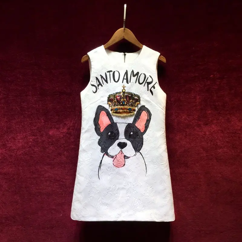 

Summer New Mini Dress Women Fashion Cat Printing Heavy Industry Beaded Sleeveless Female Robe Bodycon Light Luxury Dresses Mujer