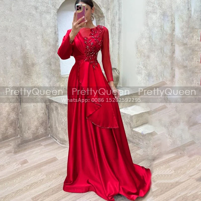 Red Long Sleeves A Line Bridesmaid Dresses Beaded Appliques Sheer Neck Customized Wedding Party Dress Maid Of Honor