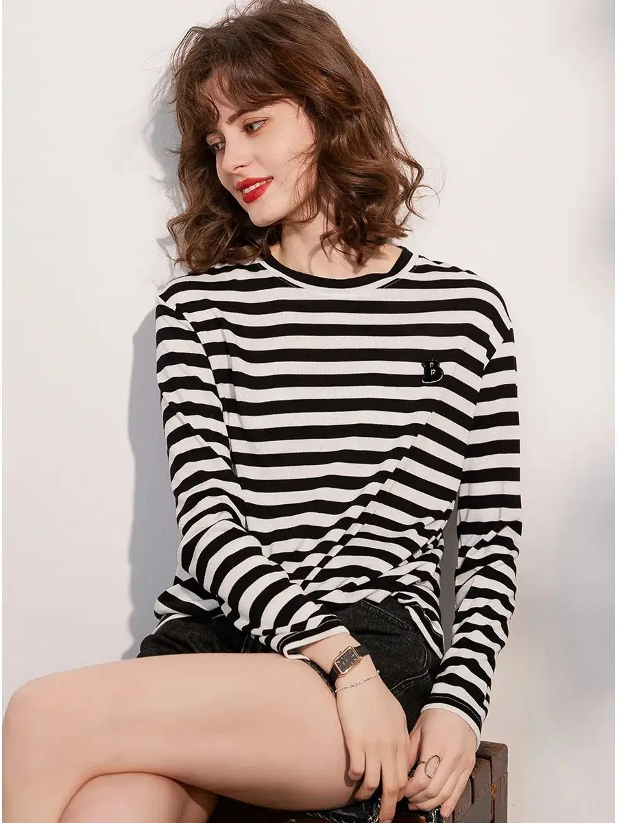 LOUIS YAO Women Striped T-shirt 2024 Spring O Neck Long Sleeve Tee Casual Loose Fit Fashion Long Tee Pullover Top