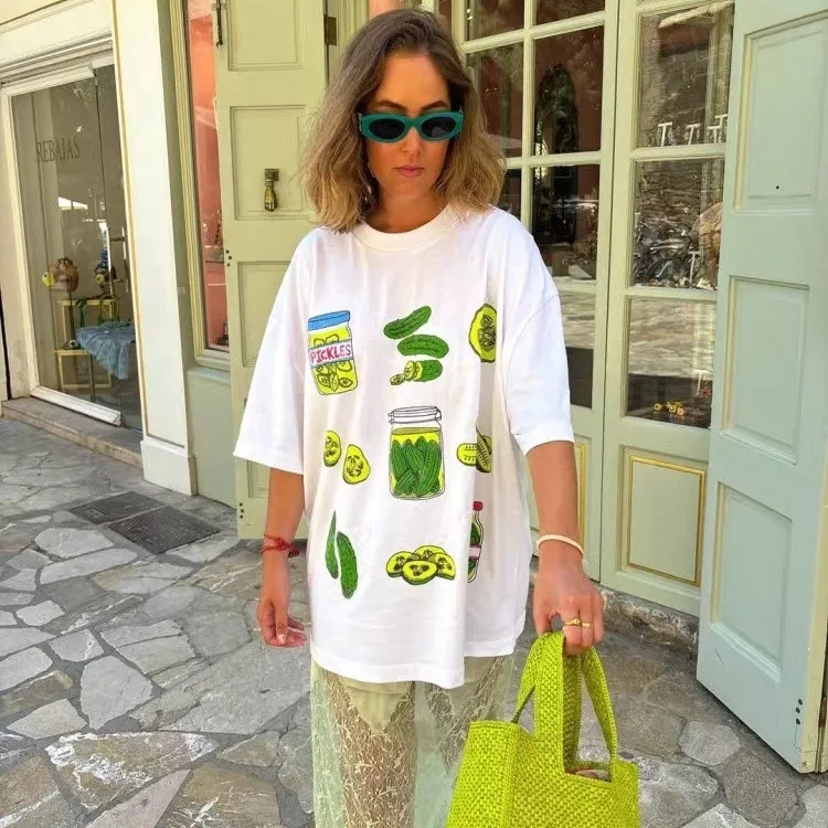 Trendy Funny Pickle Graphic T-Shirt Sweet Girls Women Retro Dill Pickle Jar Print Summer Casual Tee Food Lover Oversized Top - view 3