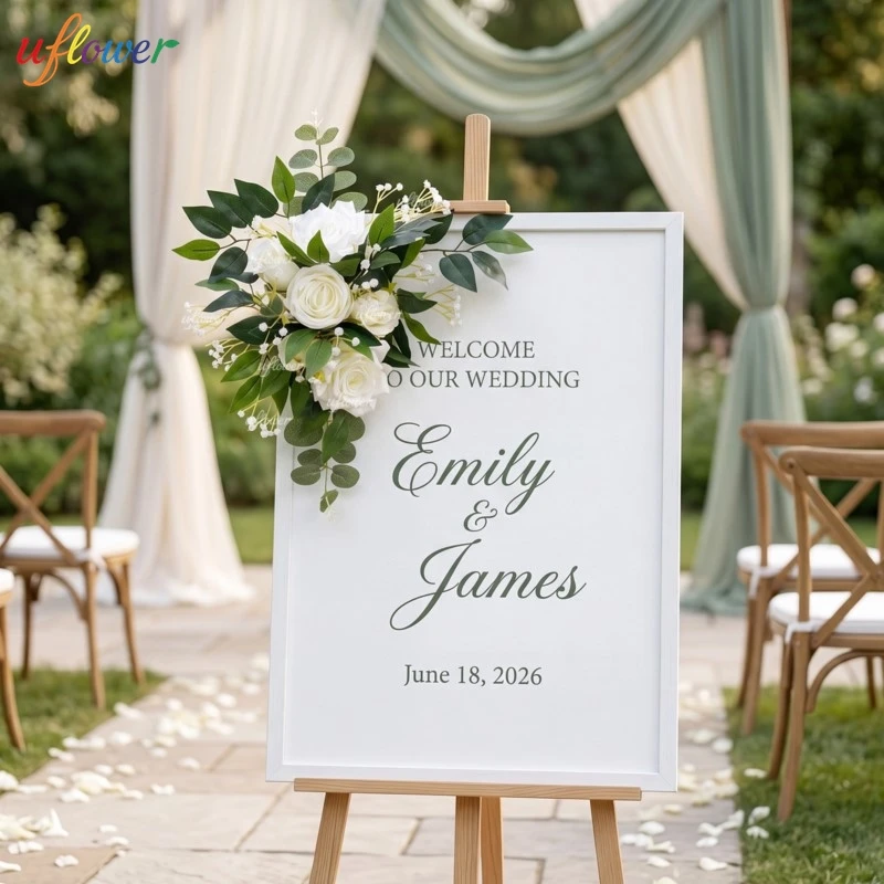 40CM Wedding Welcome Sign Flower Swag White Rose Green Leaf Artificial Silk Floral Garland Ceremony Reception Entrance Decor