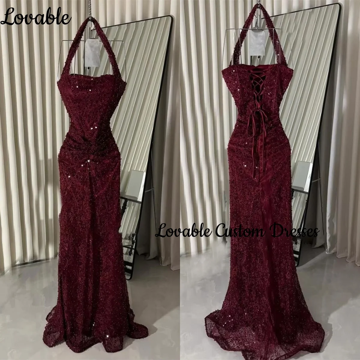 

Evening Dresses Customize A-Line Halter Floor-Length Dress Women Elegant Luxury Ruffle Zipper Up Sleeveless فستان حفلات الزفاف