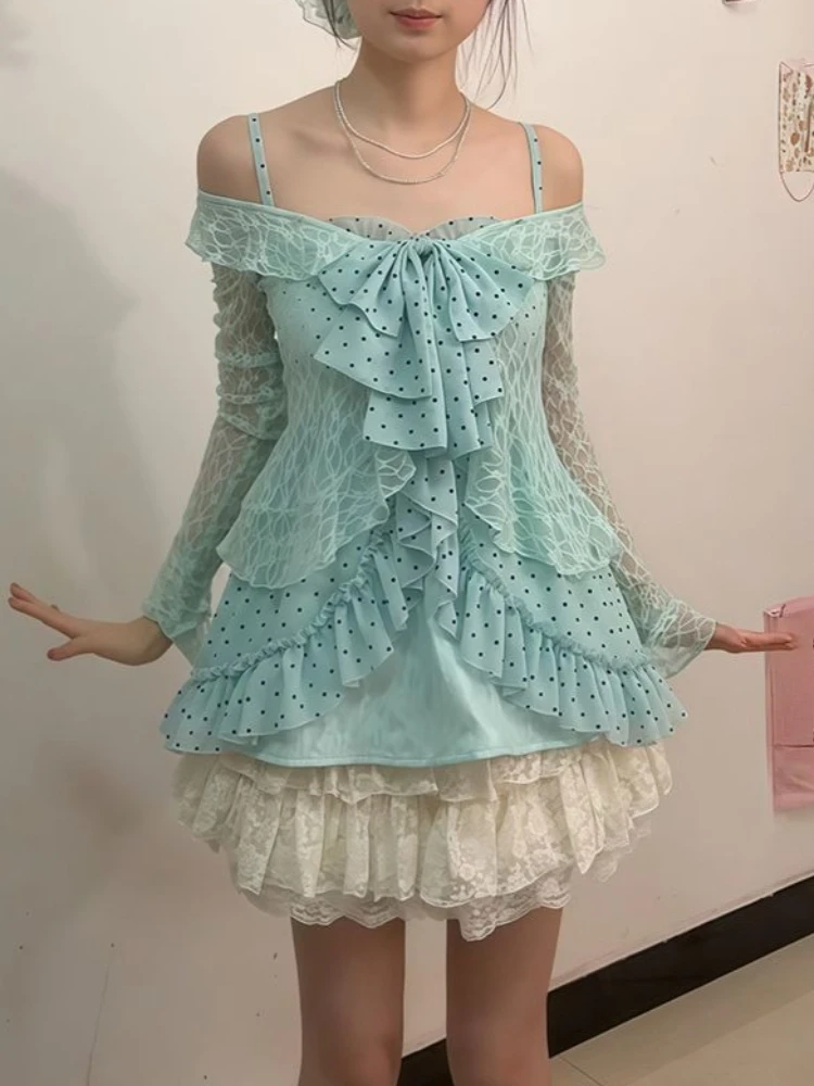 Japanese Sweet Vintage Lace 3 Piece Set Polka Dot Vest + Sheer Lace Cardigan + Fluffy Skirt New Harajuku Chic Lovely Suit Spring view 4