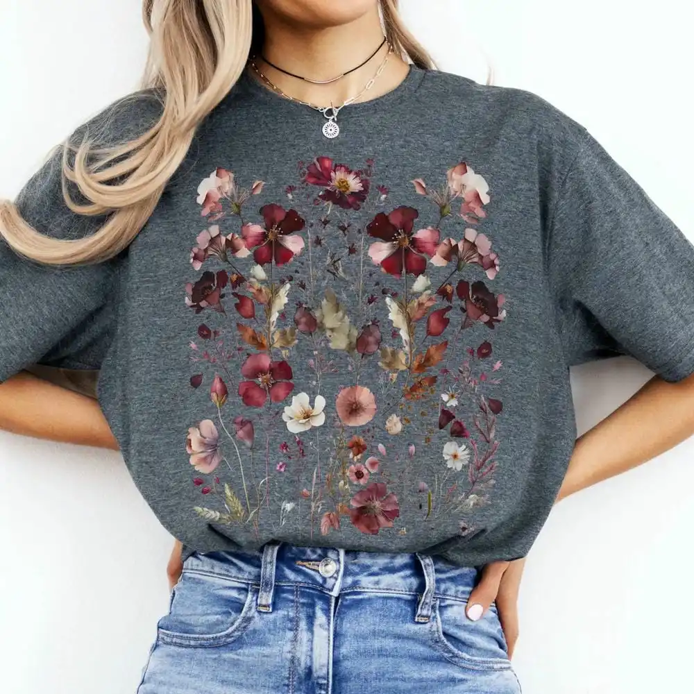 خمر الظلام Cottagecore المارون ضغط الزهور للجنسين Y2K المحملة لمحبي الخيال مضحك عادية تي شيرتات قصيرة الاكمام الشارع الشهير #5