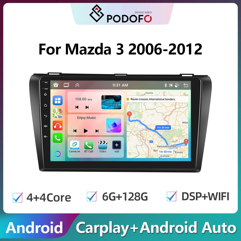 Podofo 2din Android Car Radio For Mazda 3 2006-2012 6G+128G Carplay Stereo Player Autoradio WIFI GPS Navigation FM/RDS