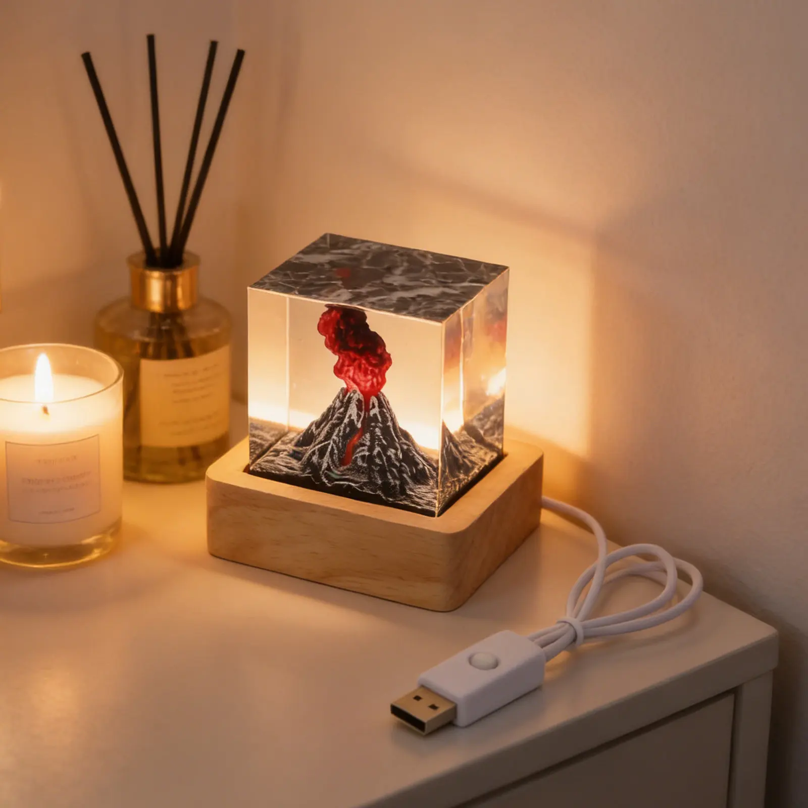 Volcano Cube Night Light Resin Lamp 2x2inch Wooden Base USB Cable Bedroom Living Room Warm Atmosphere Eruption Gift