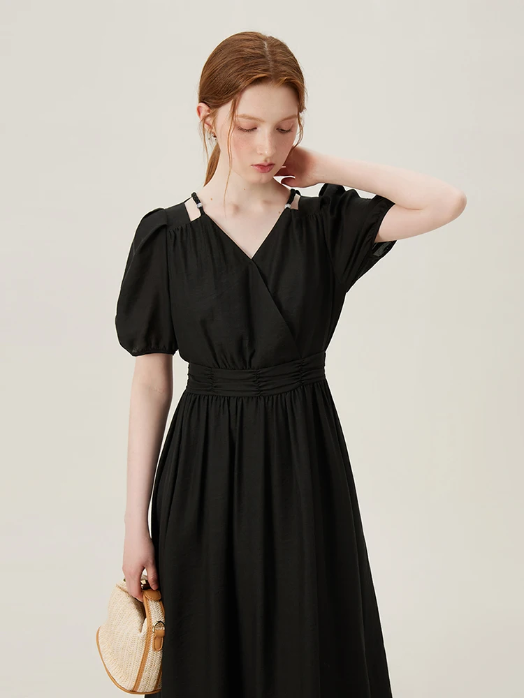 FSLE Summer Long Dress Temperament Light Green Neckline Hollow-out Design Women V-Neck Lyocell Black Dresses 24FS12969