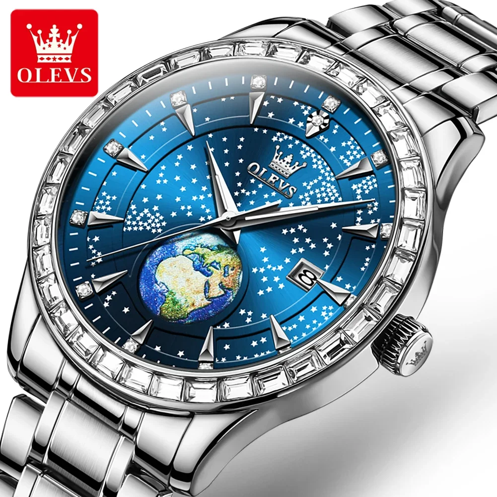 OLEVS 9967 Fashion Quartz Watch For Men, Waterproof Stainless Steel Strap Star dialMen Wristwatches Calendar