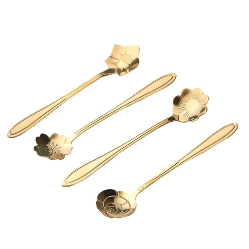 AB11-Set Of 4 Cute Golden Sakura Rose Flower Teaspoons - Stainless Steel Coffee & Dessert Spoons