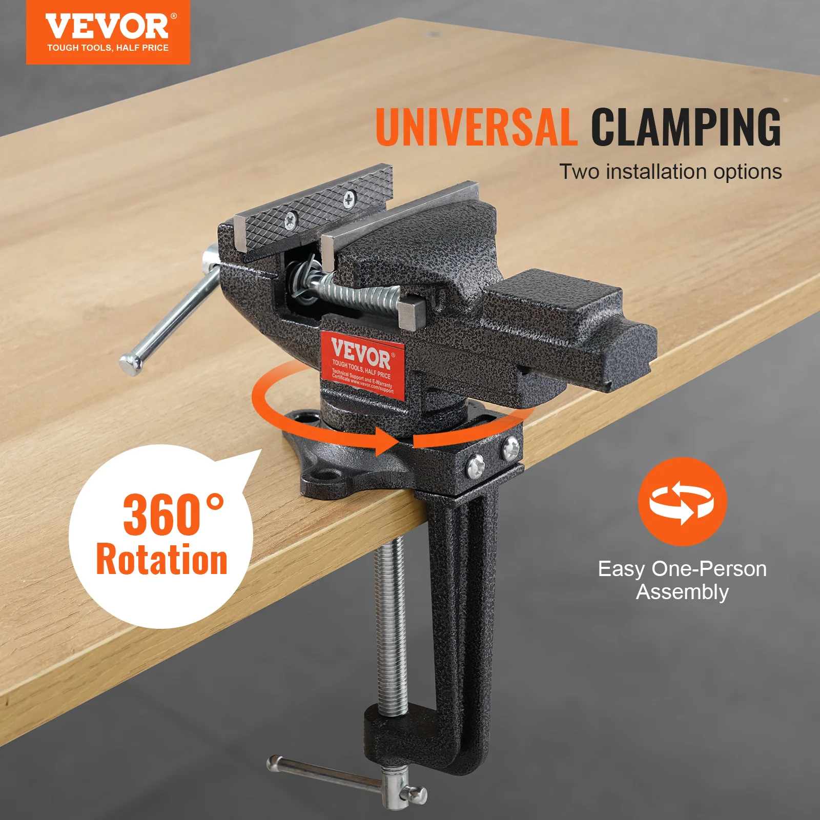 VEVOR Bench Vise 2.2 inch Multifunctional Dual-Purpose Table Clamp-on Vise W/360° Swivel Base for Woodworking Use DIY Workbench