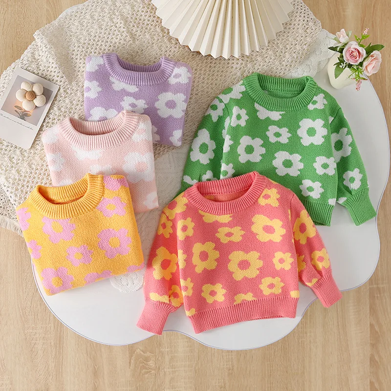 

Ins Autumn Winter Baby Girl Sweater Cotton Print Long Sleeve Toddler Girl Pullovers Jacquared Colorful Infant Kids Girl Knitwear