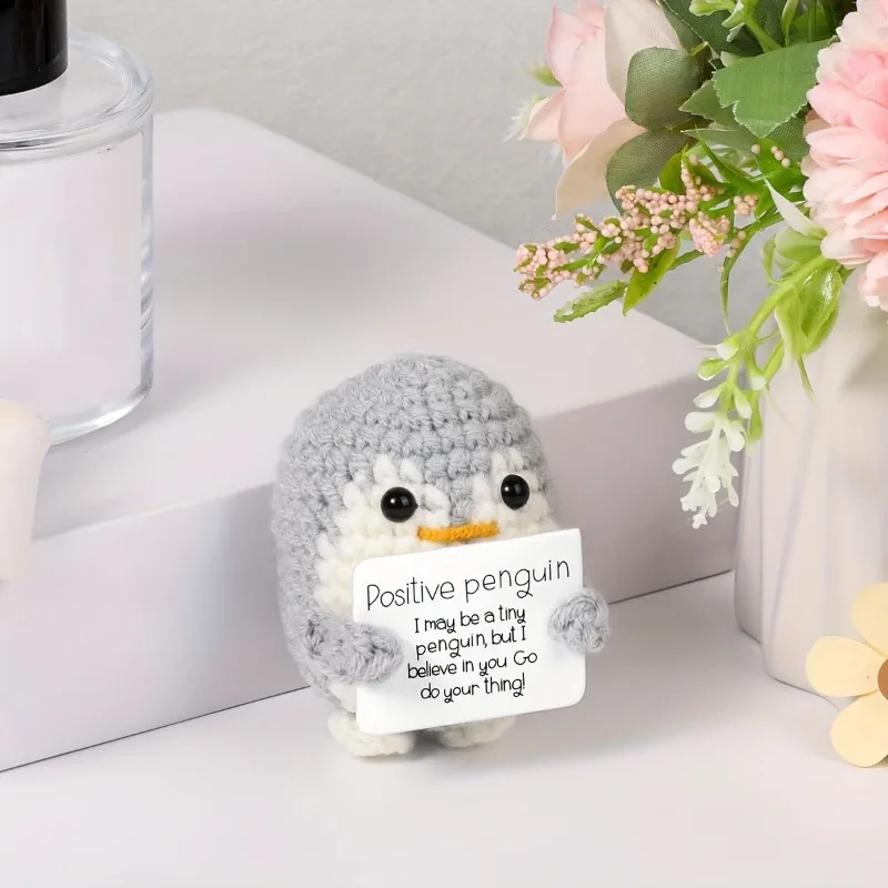 Positive Energy Penguin Hug Pocket Mini Handmade Plush Wool Knitting Doll with Card Funny Birthday Gifts Home Room Decoration