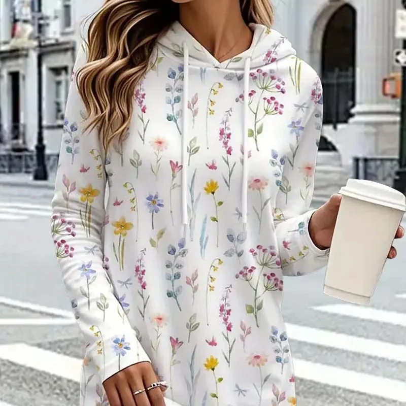 2025 fashionable women's floral 3D pattern hoodie dress, flowing long skirt stylish hoodie dress