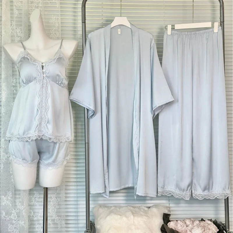 Black Pajamas Set Elegant Home Clothes Ice Silk Sleepwear Women Loose Trousers Suit Four Seasons Loungewear Sexy Lace Nightgown