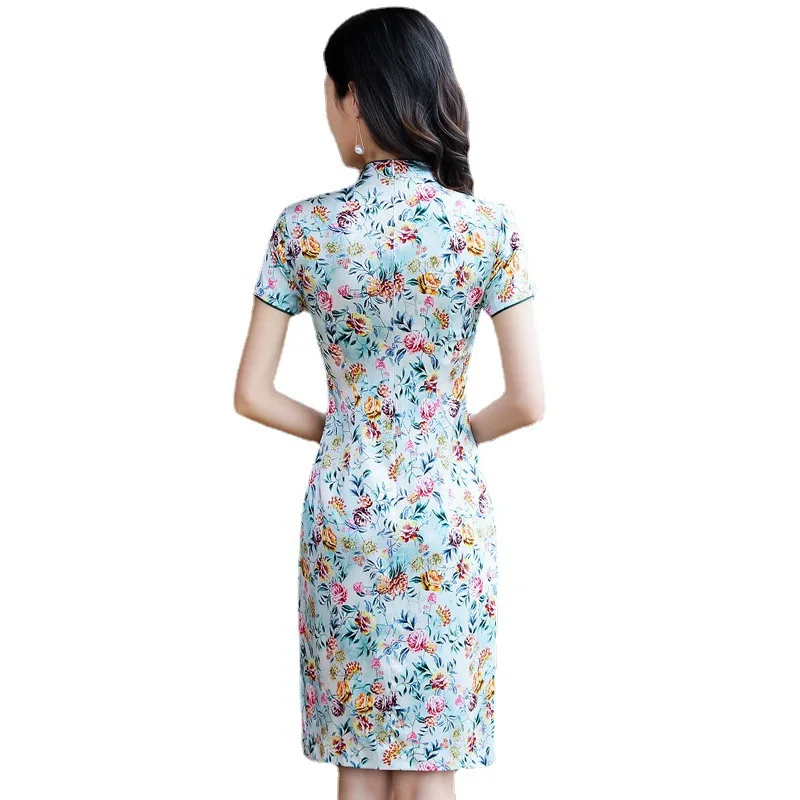 Cheongsam Qipao Women's Dress Summer Chinese Style Stand Collar Retro High Quality Real Silk Improved Casual Formal