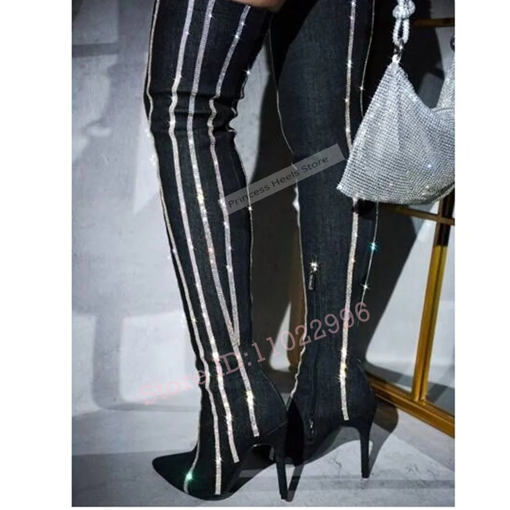 

Тонкие сапоги в полоску с кристаллами, острый носок, туфли на шпильке, однотонная боковая молния, облегающая выше колена, женская весенняя обувь, повседневная обувь для вечеринок, новинка