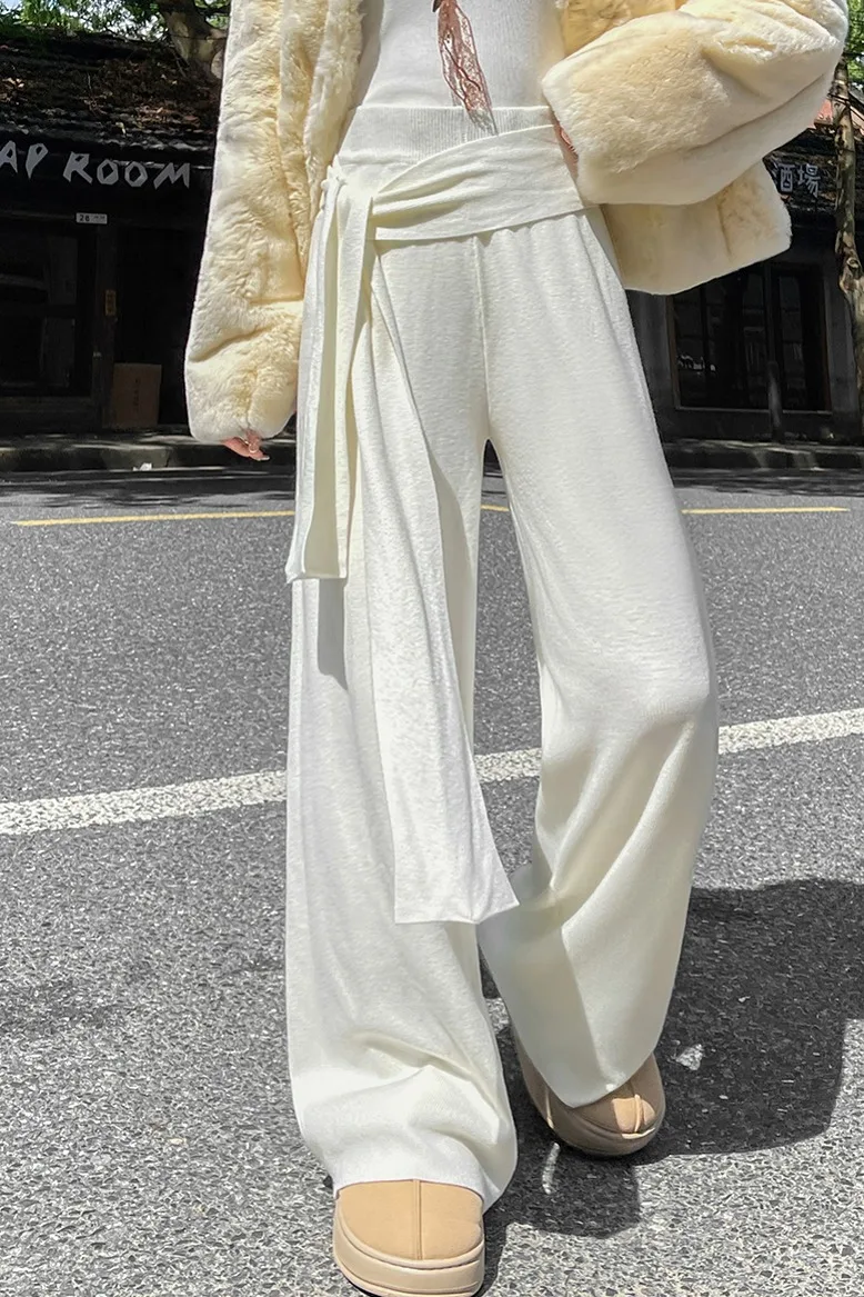 

Женские брюки в корейском стиле, вязаные широкие брюки с высокой талией, свободные прямые брюки с завязками, повседневная универсальная осенне-зимняя мода