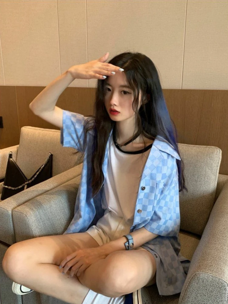 

2026 Trendy Green Checkered Blouse Ladie's Summer Sleeve Hong Kong Vogue Chinese National Niche Design Garment