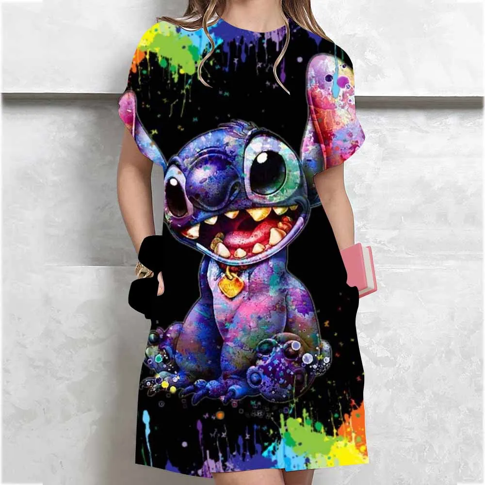 Label Size Women's Summer Casual Short Sleeve T-Shirt Dresses Nightgowns Casual O Neck Disney Stitch print White Dresses New Wo