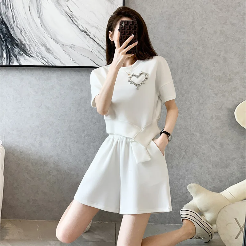 Fashion Summer New Round Neck Solid Diamonds Irregular Short Sleeve T-shirt Elastic Waist Pocket Wide Leg Pants Women Casual Set