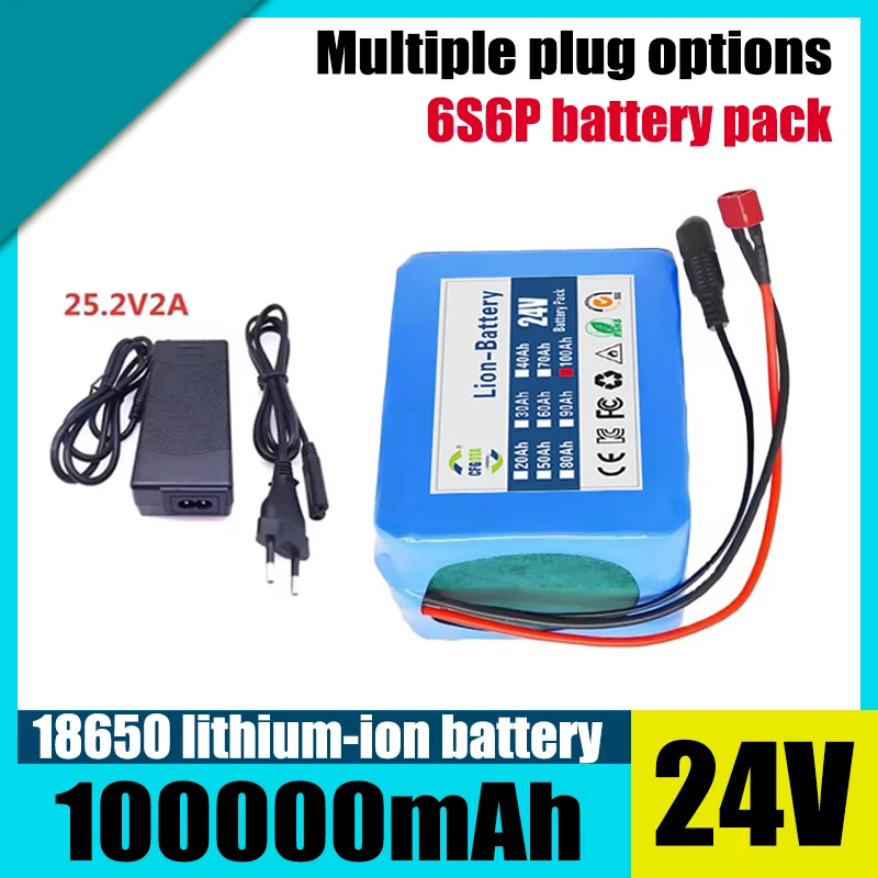 24V 100000mAh 18650 lithium-ion battery 6S6P battery pack and 2A charger with multiple socket options
