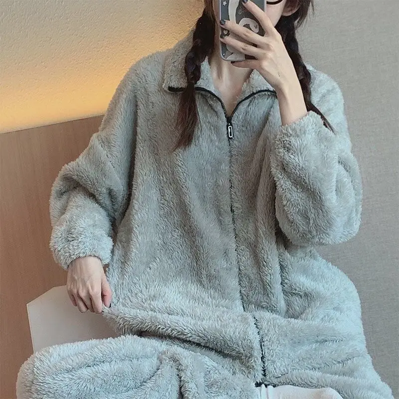 Zipper Sleepwear Women Pajama Sets Winter Warm Piiama Fleece Night Wears Solid Sets for Women 2 Pieces Turtleneck Home Suit New