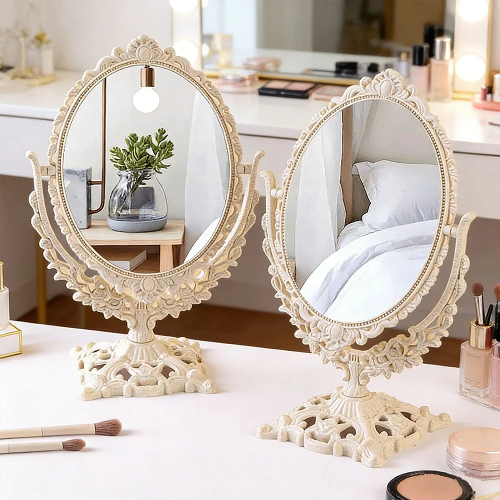 Vintage White Oval Vanity Mirror with Ornate Carved Base Perfect for Makeup & Dressing Table Decor