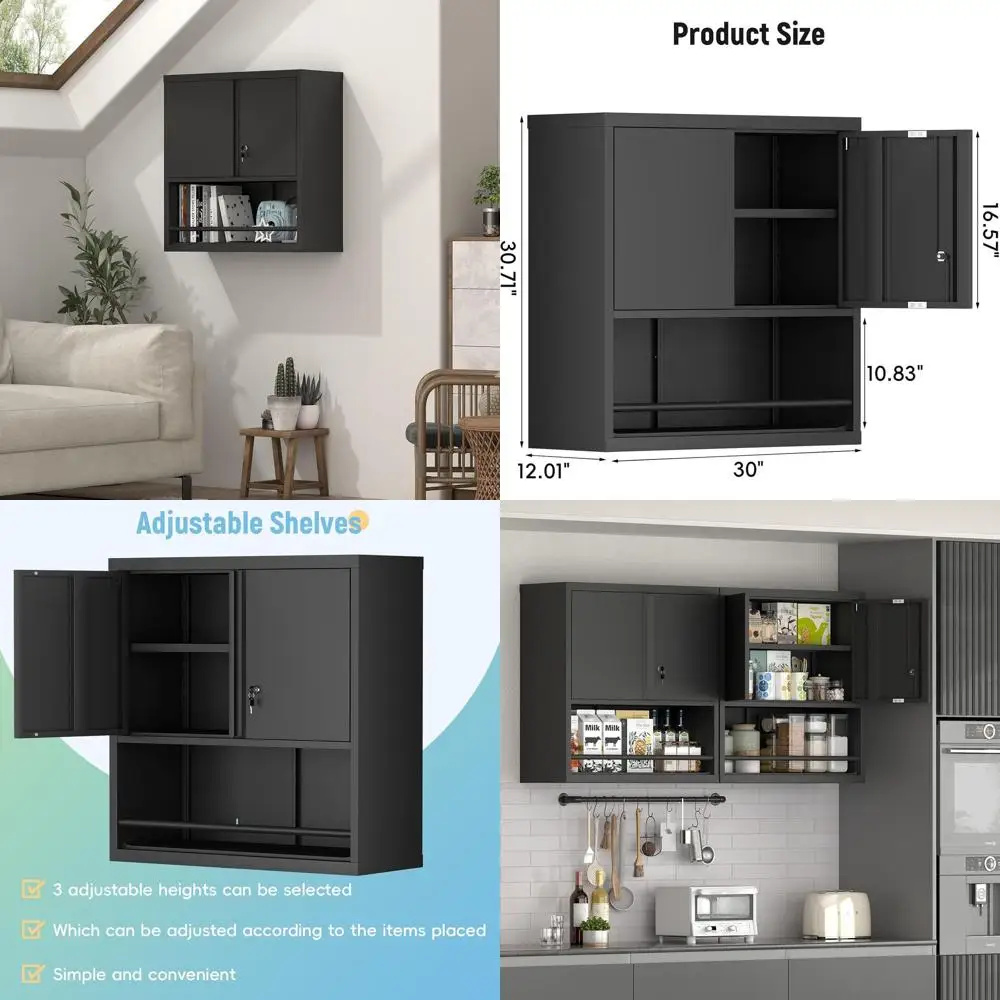 

Secure Double-Door Metal Wall Cabinet for Garage, Warehouse, and Home Office - Black