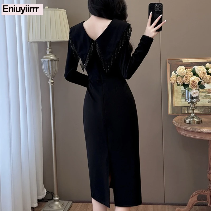 بلينغ مطرز فساتين أنيقة امرأة ضئيلة شيك كوريا أزياء السنة الجديدة مساء ليلة حزب فستان طويل قميص أسود