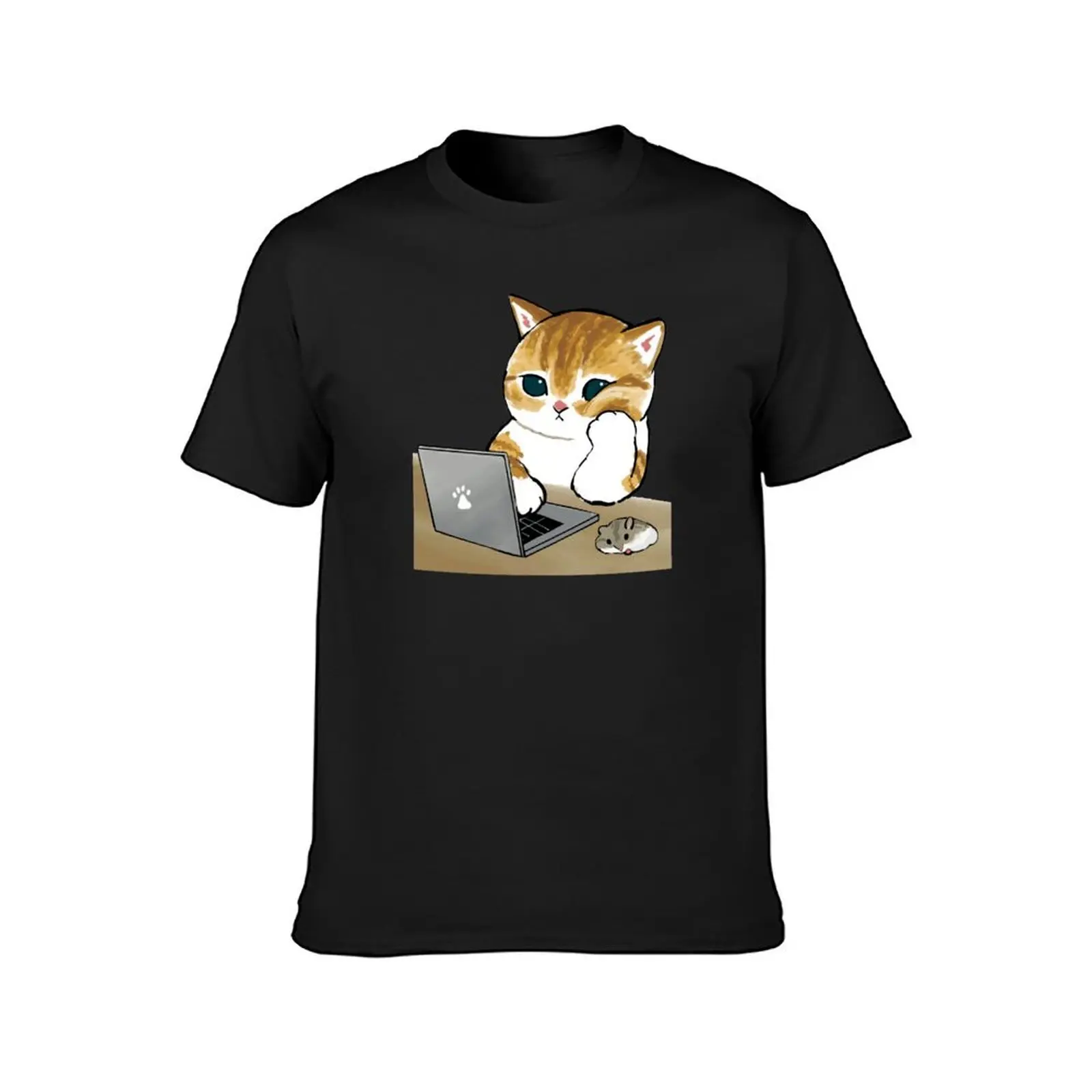 Mofu Sand Cute Cat Drawing Tired And Working On Computer T-Shirt plus sizes tees animal prinfor boys funny t shirts for men