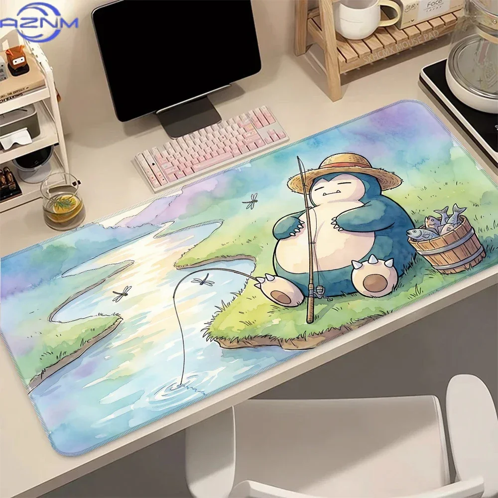 Watercolor Anime Fat Creature Wearing Straw Hat Fishing By River Print Mouse Pad Rubber Non Slip Desk Mat For Gaming Office Lapt
