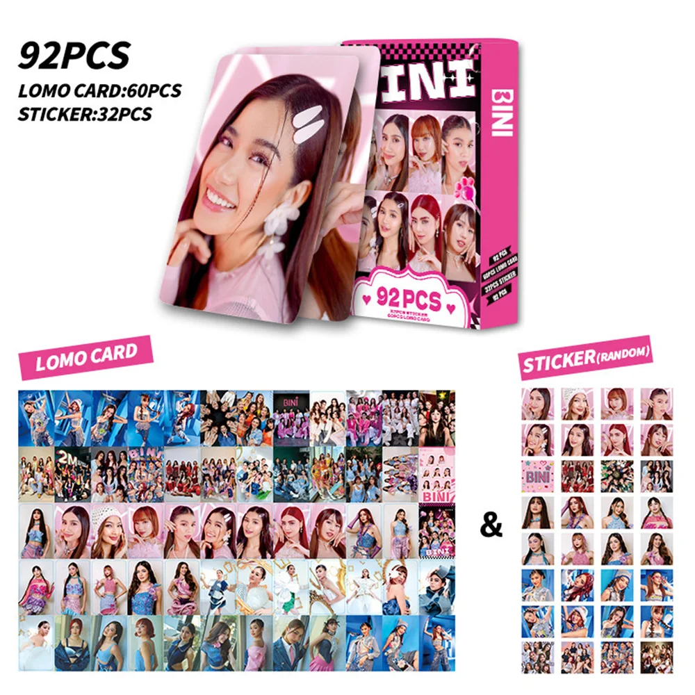 92Pcs/Set Kpop BINI Boxed Laser Card High Quality INS Style Double Sides Printing LOMO Cards Mikha Sheena Gwen Stacey Fans Gifts