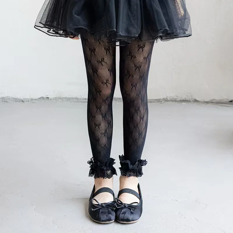 Baby Girl Mesh Leggings Lolita Style Fully Bow Pattern Summer Ultra-thin Lace Nylon Fishnet Tights for Children Lace Pantyhose