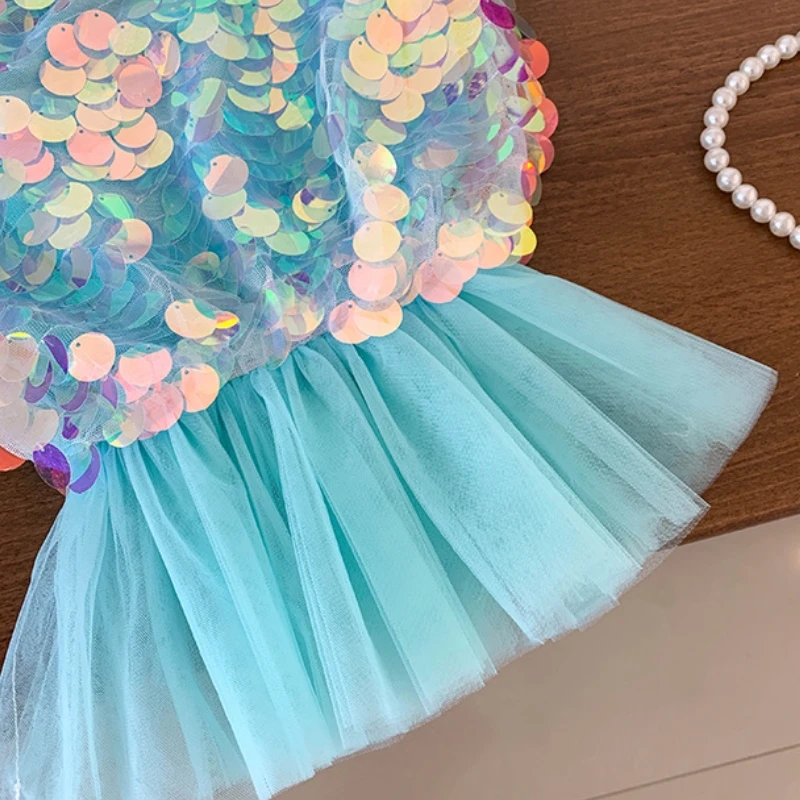 Minifalda corta de princesa brillante con cola de sirena y lentejuelas moradas Kawaii de verano para niñas de 2 a 8 años, ropa de tul rosa para niños