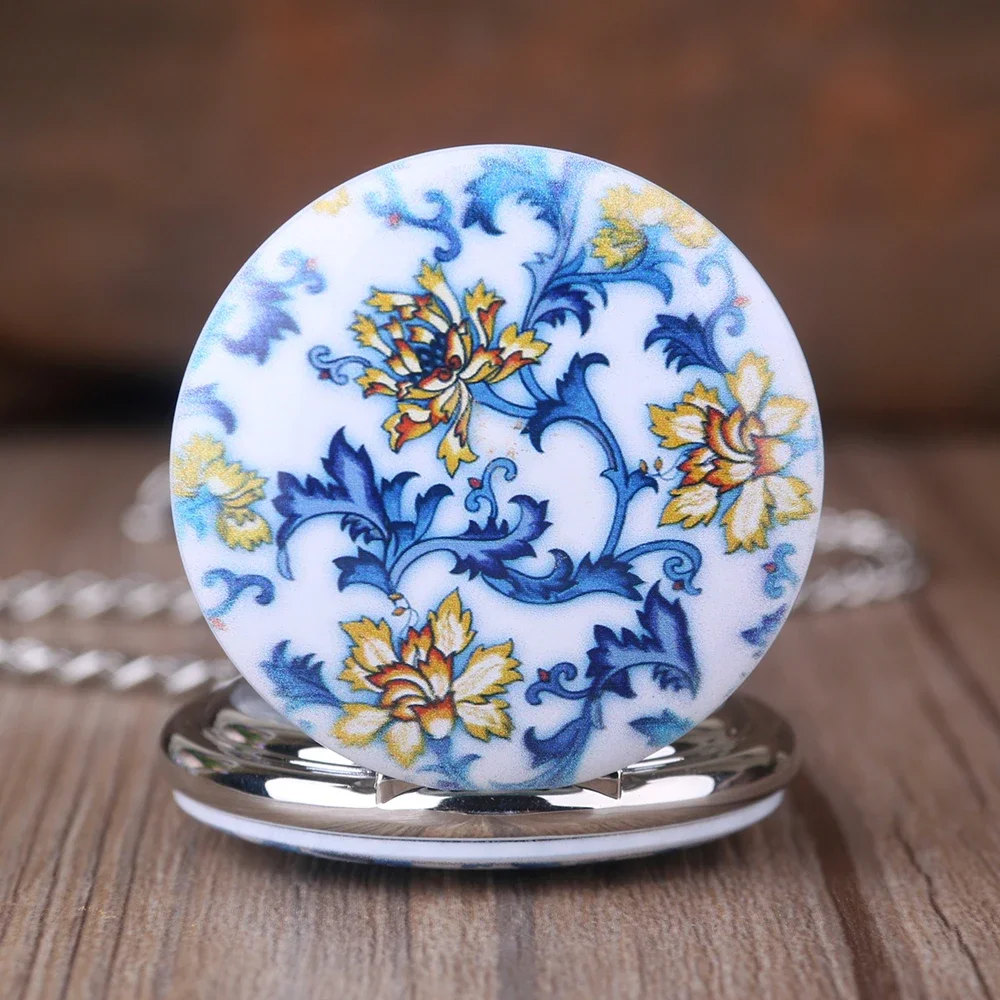 New Blue and White Porcelain Flower Design Pocket Watches Roman Number Steampunk Mechanical Pocket Watches Men Women Fob Chain