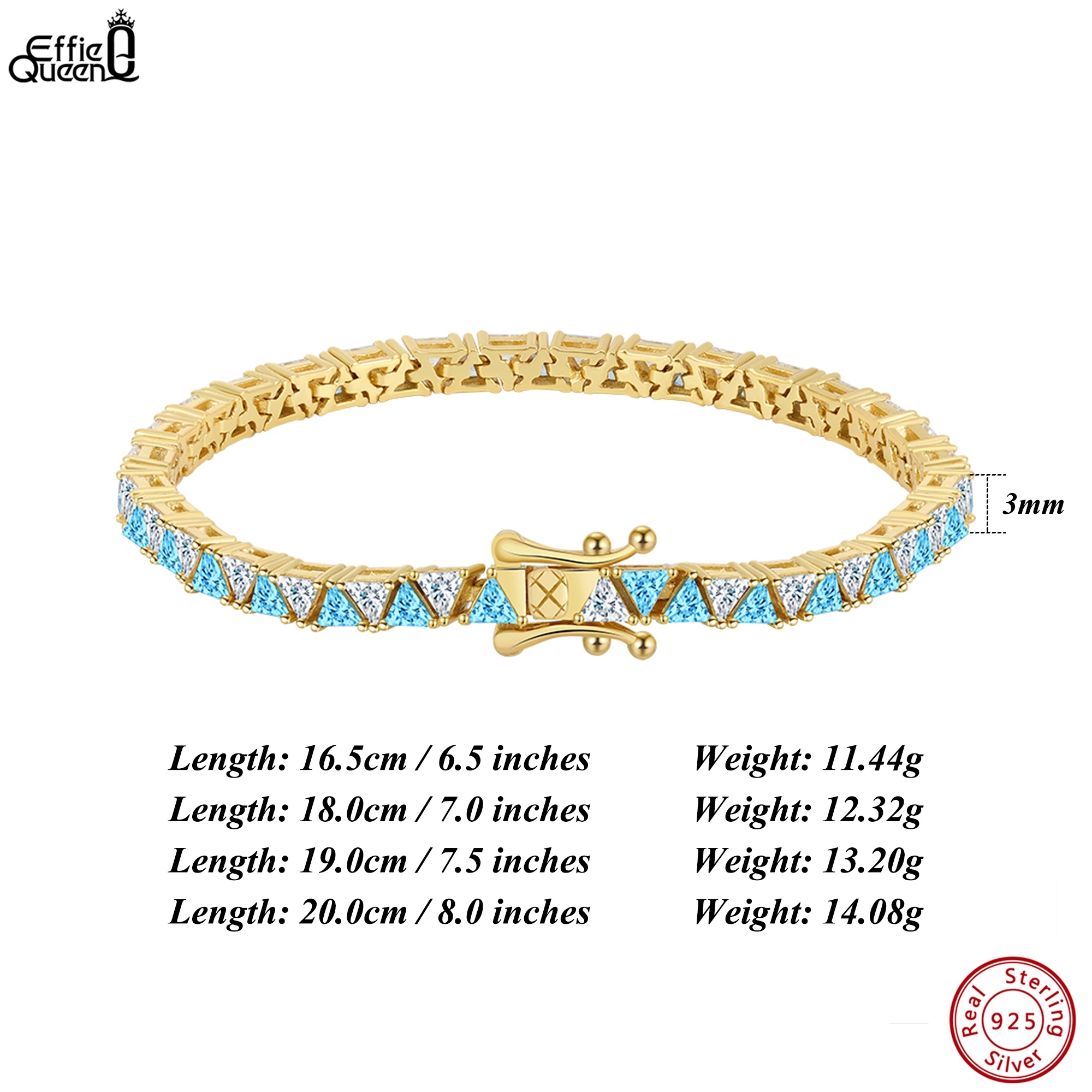 

EFFIE QUEEN 925 Sterling Silver Tennis Chain Bracelet With 5A Cubic White & Azure Zirconia Decoration Triangle Strand Gift SB207