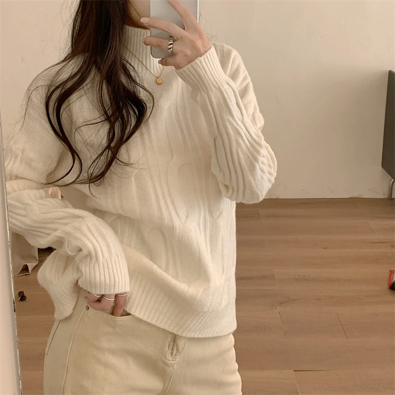 

Свободный вязаный свитер с высоким воротником, женский модный универсальный топ в стиле ретро, ленивый топ, корейский Sle, Новое поступление 2025 г.