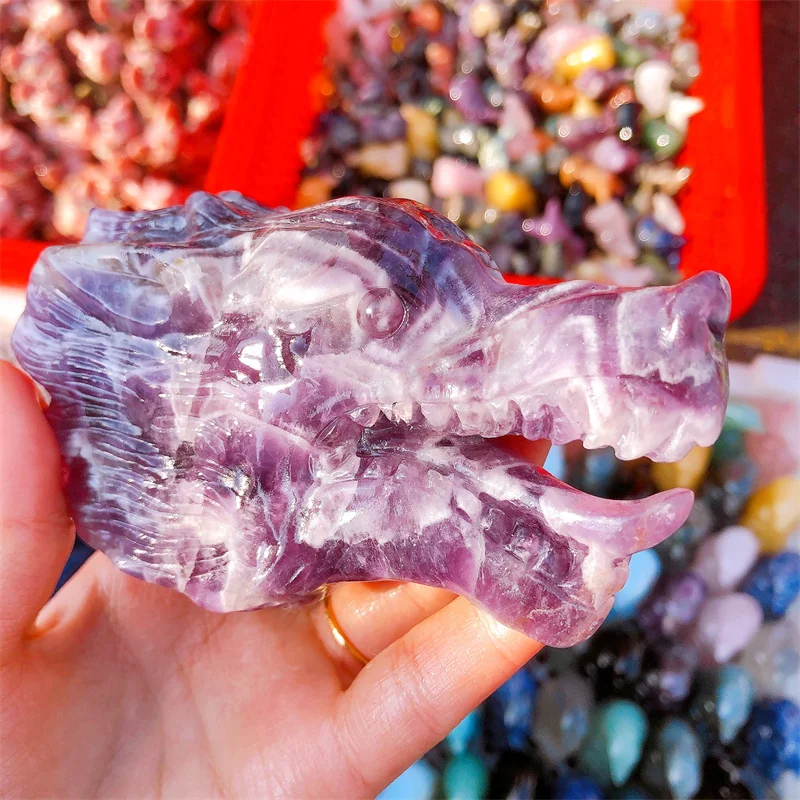 Natural Dream Amethyst Wolf Head Crystal Animal Carved Reiki Healing Stone Figurine Home Ornaments Decor Gift 1pcs