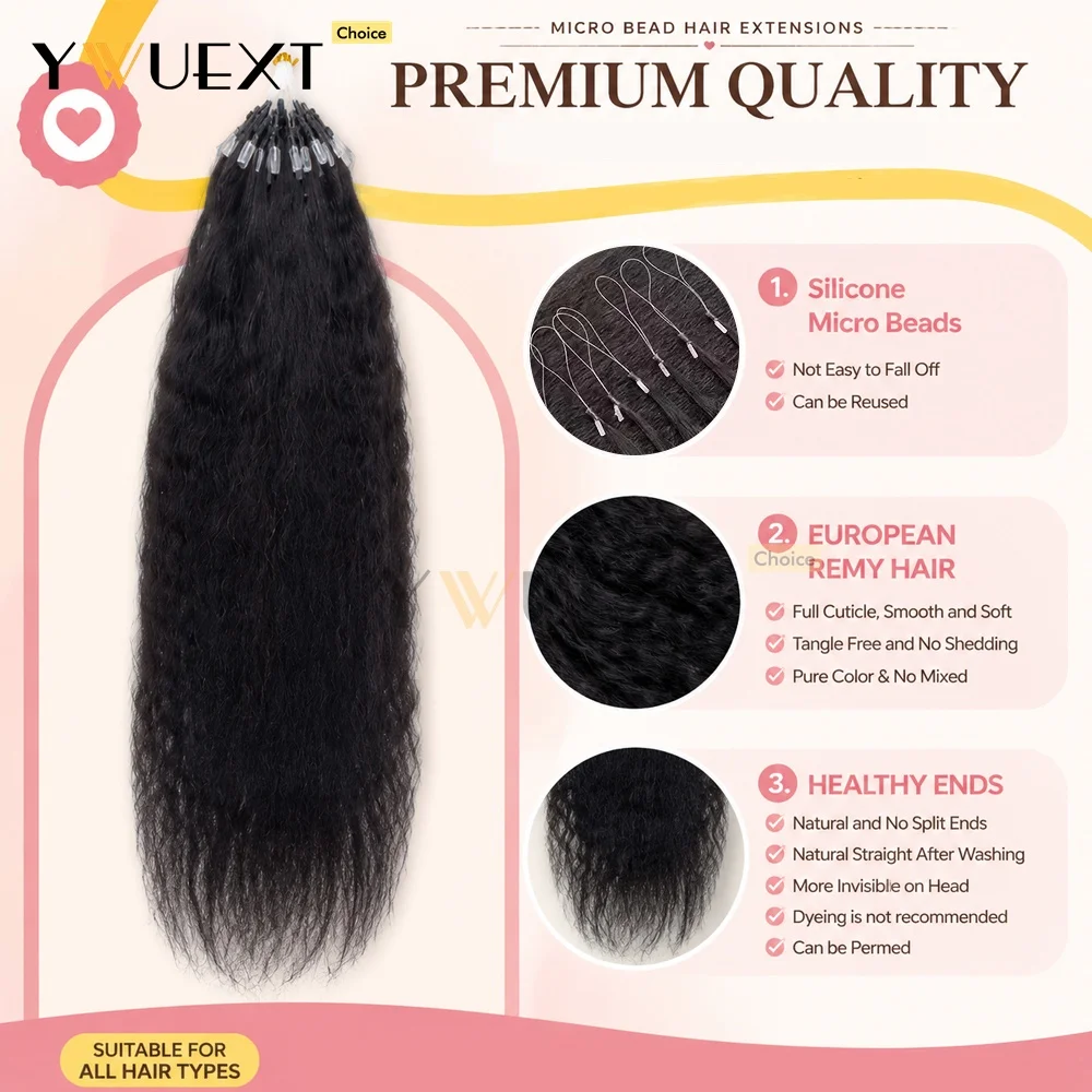 Kinky Straight Micro Loop Human Hair Extensions Natural Black Color 1B# for Short Hair Micro Links Hair Extensions for Women