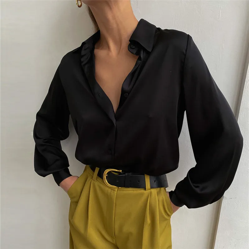 Spring Summer Women Satin Silk Blouse Casual Lapel Long Sleeve Blue Baggy Shirt Office Woman Elegant Button Up Cardigan Long Top